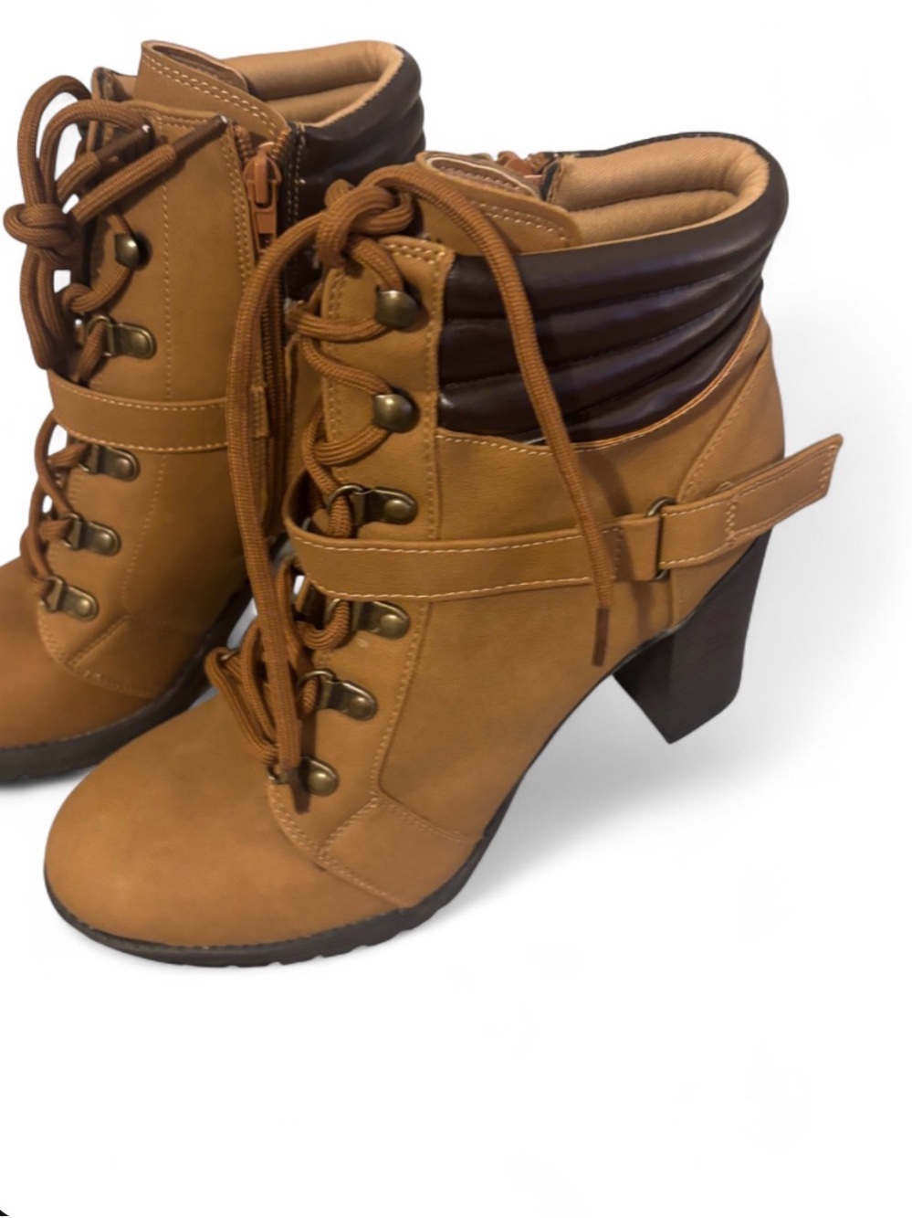 Tan Lace-Up Heeled Ankle Boots with Padded Collar